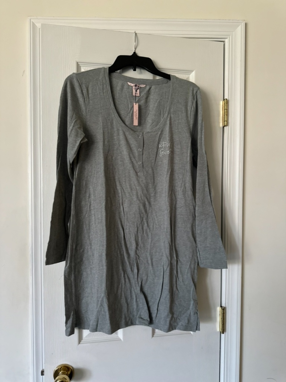 NWT Victorias Secret Long Sleeve Nightshirt SMALL Gray Embroidered